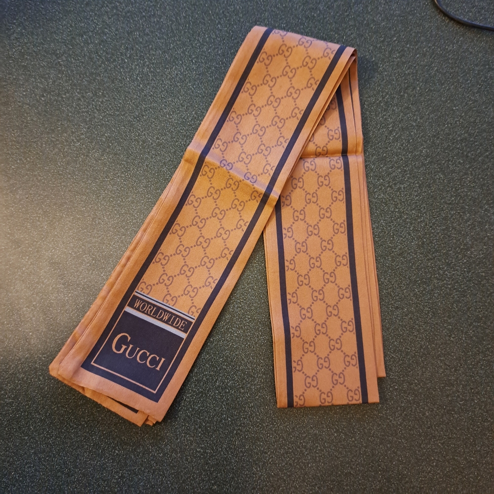 Gucci Tan and Dark Brown GG Logo Silk Scarf Tie